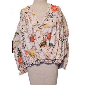 Inc cross front floral blouse size 2X long sleeve gathered elastic hem